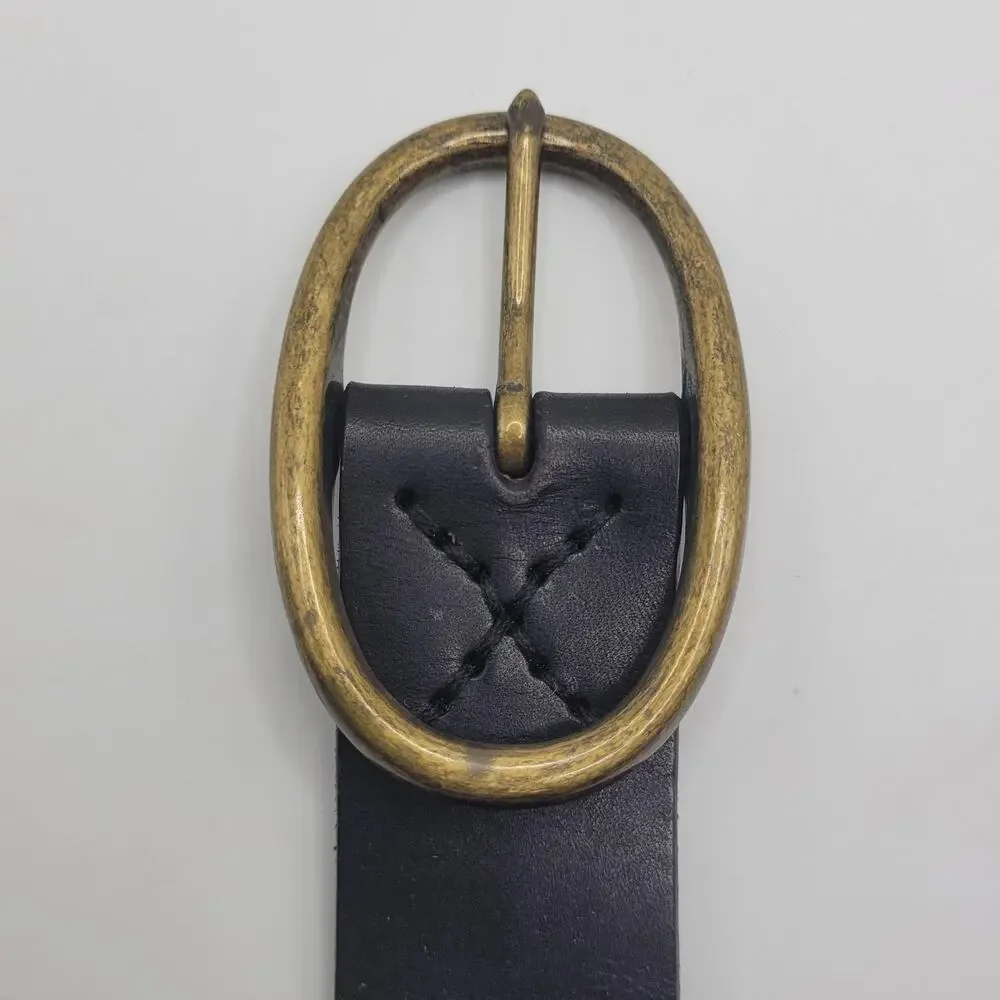Black Leather Belt XL Oval Buckle Zig Zag Stitch Rustic Utility Utilitarian Boho